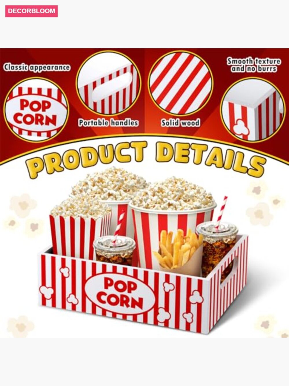 Reusable Wooden Movie Snack Trays with Handles for Popcorn - Picture 4 of 7